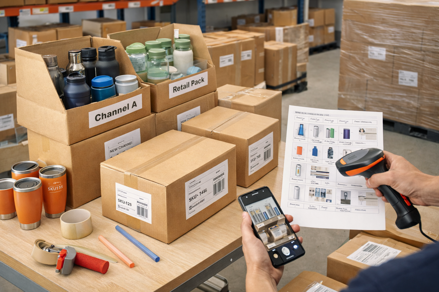 Mixed-SKU sorting and shipment handoff