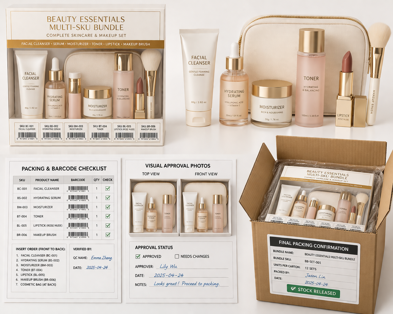 Packaging structure labeling and barcode positions for beauty accessory products