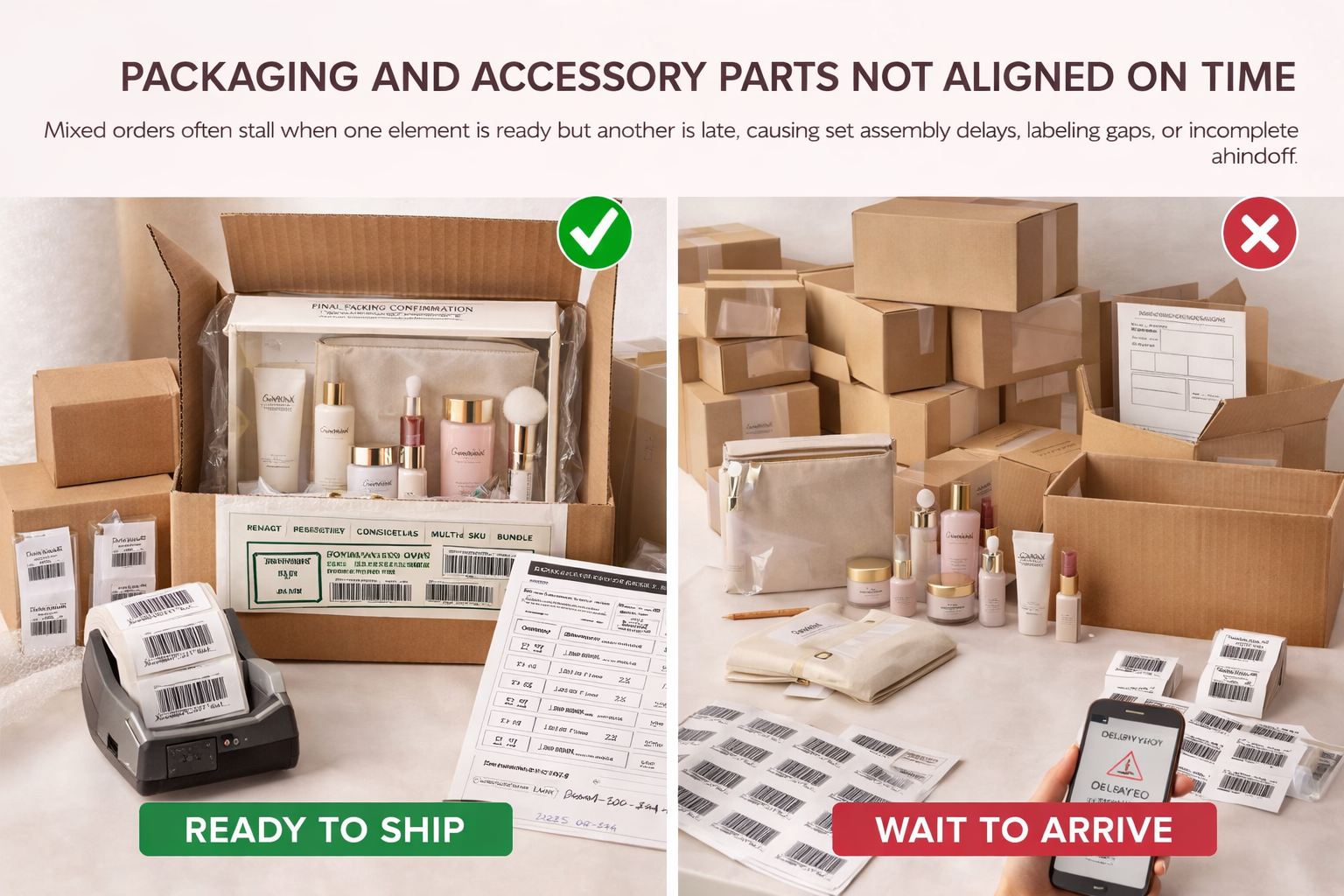 Laptop coordination scene showing packaging and accessory parts not aligned on time