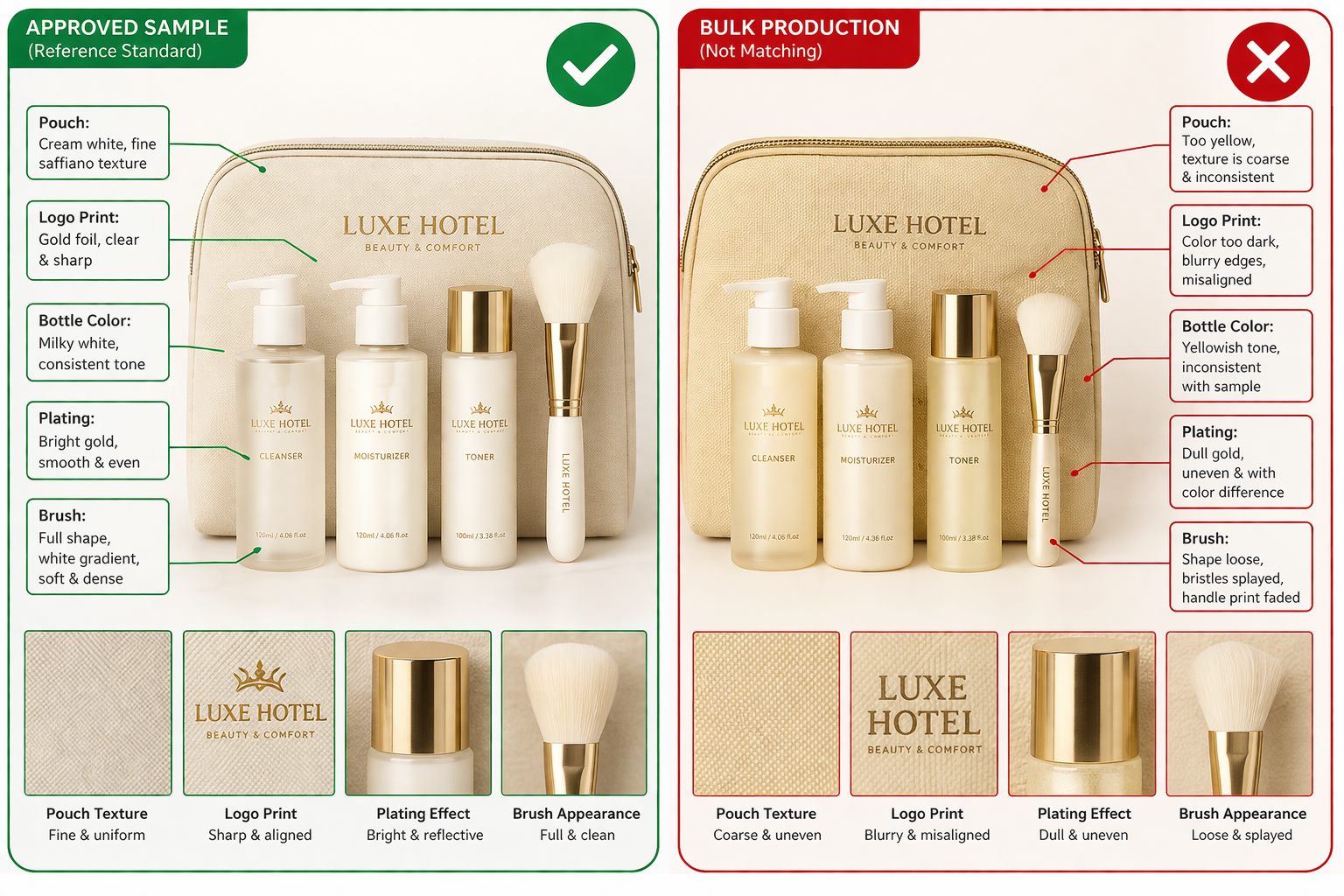 Makeup brushes and beauty tools showing visual mismatch risk between approved sample and bulk
