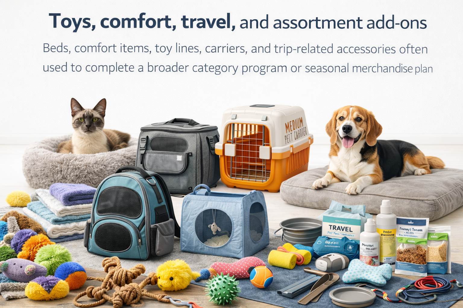 Toys, comfort, travel, and assortment add-ons for pets