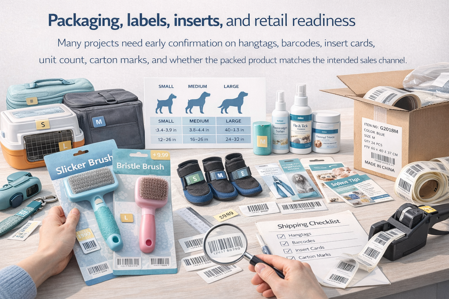 Packaging, labels, inserts, and retail readiness for pet products