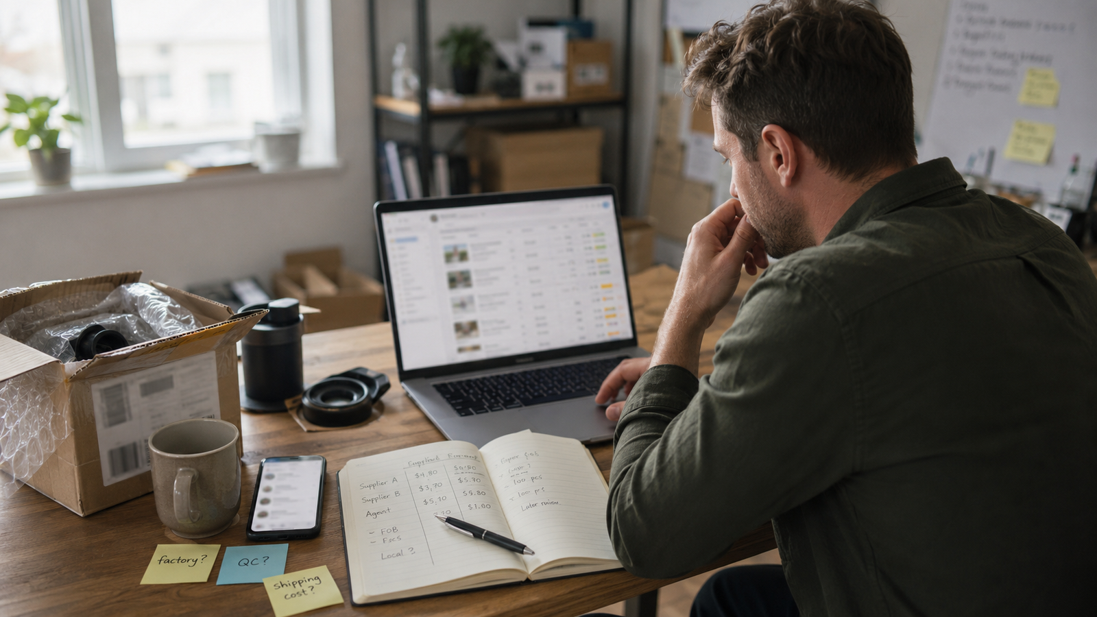 Import buyer comparing Alibaba supplier options with China sourcing agent support, product samples, QC checklist, packaging labels, carton marks and shipping documents