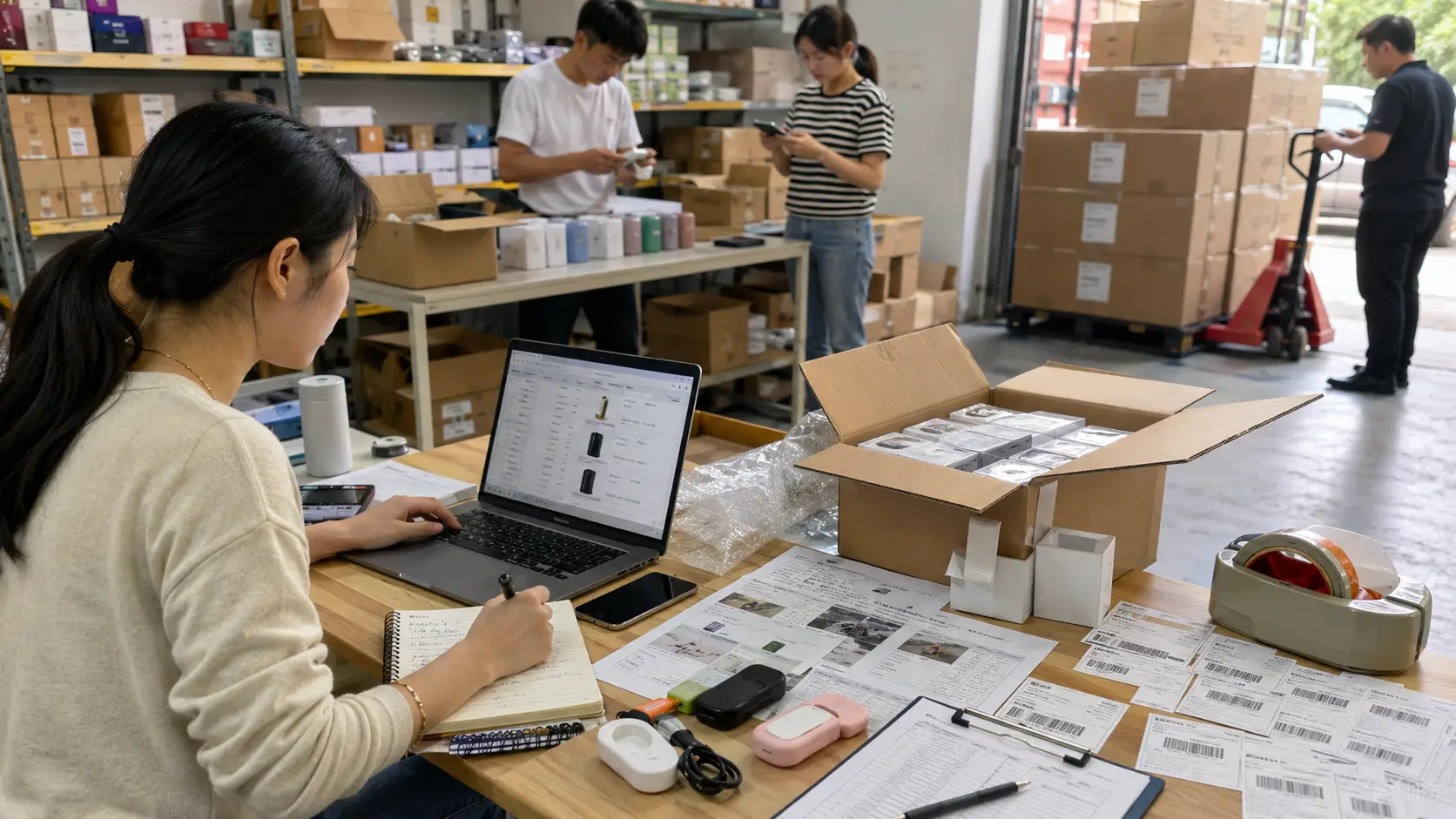 China sourcing agent coordinating supplier search, product samples, quotation review, quality control, packaging checks and shipment preparation for an overseas buyer