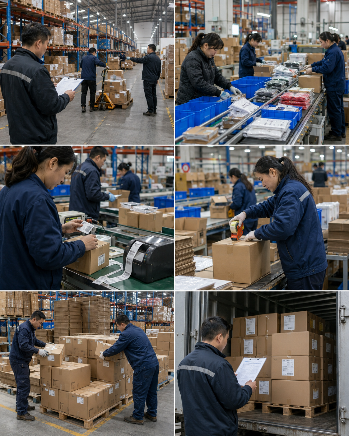 China warehouse worktable with cartons, barcode labels, packing records and shipment handling process