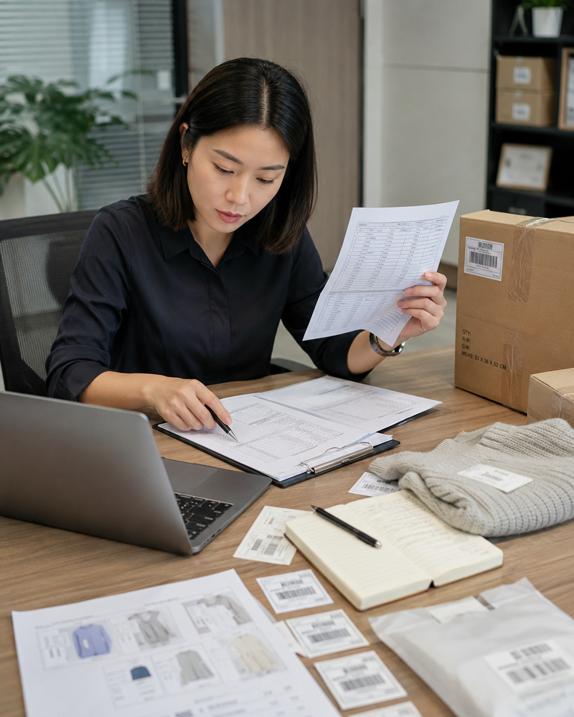 China sourcing consultant reviewing supplier quote, MOQ, packaging label, and product sample details
