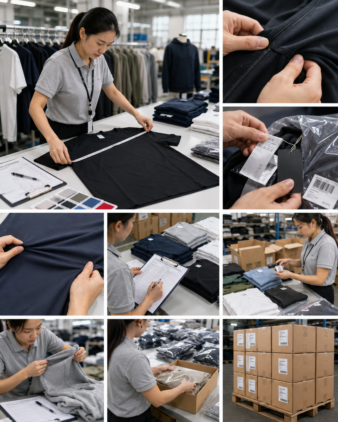 Quality inspector checking product specifications packaging labels and samples before shipment